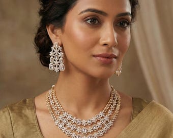 American Diamond Multi-Layer Necklace and Earrings set with CZ White/Ruby Stones| Statement Wedding Necklace| Indian Jewelry| Gift for her