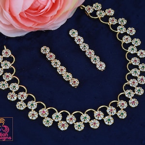 Pink & Green American diamond necklace set with earrings| Floral Design CZ Choker Simple necklace| Indian jewelry online |South Indian style