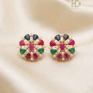 Multi-Color Gemstone Studs| Daily Wear Studs| Ruby Emerald & Sapphire Cluster Earrings| Traditional Gold Stud Earrings| Gift for her