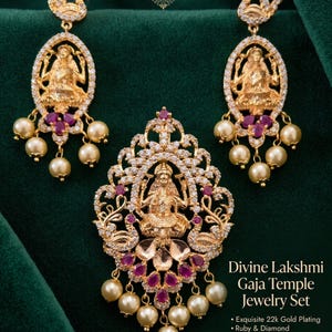 Lakshmi Temple Jewelry Pendant Set| Gold Plated Necklace Earrings| South Indian Bridal Jewelry| Ruby Green CZ Pearl Pendant Set|Gift for her
