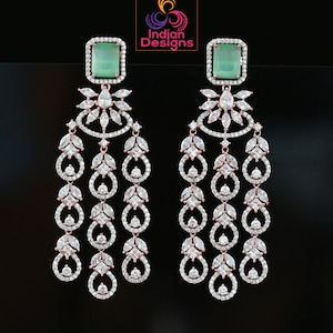 Rose gold American diamond earrings | Mint green earrings dangle Indian Bollywood style | Marquise diamond 3 strand earrings | IndianDesigns