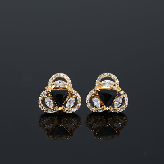 Three Petal Floral CZ Stud Earrings Paved Triangle Stone at