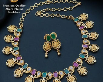 Gold plated Ram Parivar necklace & Earring set| Matte Gold Ruby-Emerald Kemp stone Ramparivaar choker necklace| Temple jewelry necklace