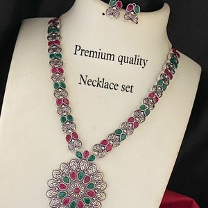 Oxidized german silver indian jewelry necklace|bohemian set with ruby & emerald |wedding jewelry |party wear jewelry set|unique gift for her