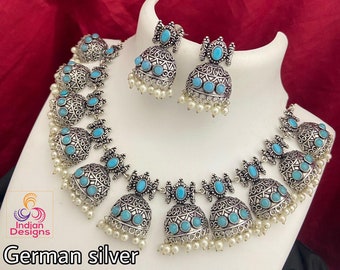 シルバー ジュエリーセット インド産酸化銀ジュエリーセット｜ドイツ産銀ネックレスとジュムカ