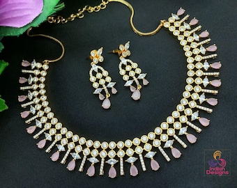 Gold-plated pink american diamond necklace jewelry | rose quartz crystal necklace | statement necklace and earring set | indian designs