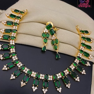 Gold plated cz american diamond necklace & earrings| ad stones simple gold choker indian wedding jewelry set| statement choker| gift for her