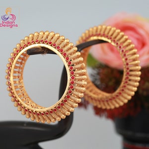 Gold plated kada bangles for ladies | Screw openable Polki kada bangle | Pair of Indian Wedding bangles studded with Ruby white round stones