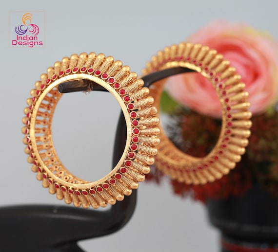 Gold Plated Kada Bangles for Ladies Screw Openable Polki Kada Bangle Pair of Indian Wedding Bangles Studded With Ruby White Round Stones Etsy Canada