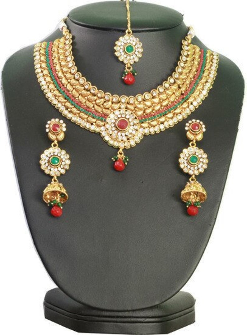 Charming Indian designer fashion semi bridal necklace set with Emerald,Ruby /& clear stones
