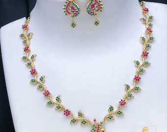 22k Gold Plated American Diamond Necklace with Green and Pink stones|Indian jewelry sets|Ruby & Emerald necklace Floral designs|Gift for her