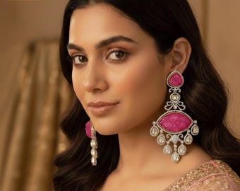 Carved stone earrings | long statement earrings | american diamond earrings kundan stones | bollywood jewelry | pakistani kundan earrings