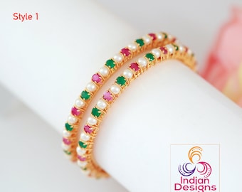 Designer Freshwater Pearl Bangle Bracelet | Gold Plated Real Pearl bangles with Ruby Emerald stone work | Unique Stone bangle gold design