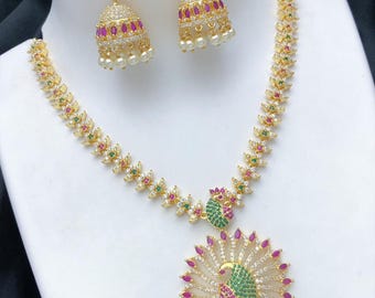 Gold Plated Peacock Necklace Set with Jhumkas| Ruby & Multi Color Ad stone Jewelry| American Diamond South Indian Bridal Jewelry Set