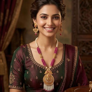 May include: A gold-toned necklace featuring pink beaded strands, a large ornate pendant with a central stone, and a white pearl fringe. Matching gold-toned drop earrings with pink stones and intricate metalwork complement the necklace.