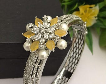 American diamond kada bangle bracelet | cz stone bangles silver | hand crafted openable bangles | ad pearls kada bangle with floral design
