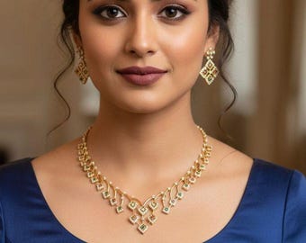 Matte Gold Necklace Earrings Simple choker set| American Diamond Ruby and Emerald Necklaces| Traditional gold necklace designs| Gift for her