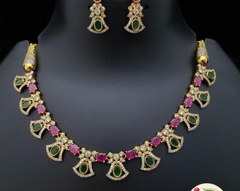 Antique Gold American Diamond Choker Necklace Set| AD stone Ruby Emerald Choker |Indian Party Jewelry| Statement Necklace| Gift for her