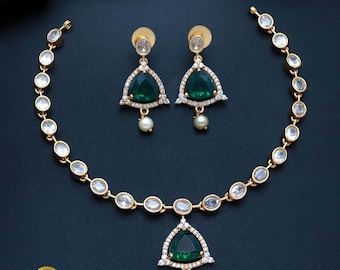 Matte Gold Finish AD Necklace Set with Triangular Stone & Pearl Drop| American Diamond Jewelry| Indian Wedding Choker| Gift for her