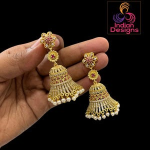 Indian Jhumka Earrings| Gold Plated AD Stone & Ruby Traditional Jhumki with Pearl Drops| Matte gold finish Jhumka| Statement Earrings Gift