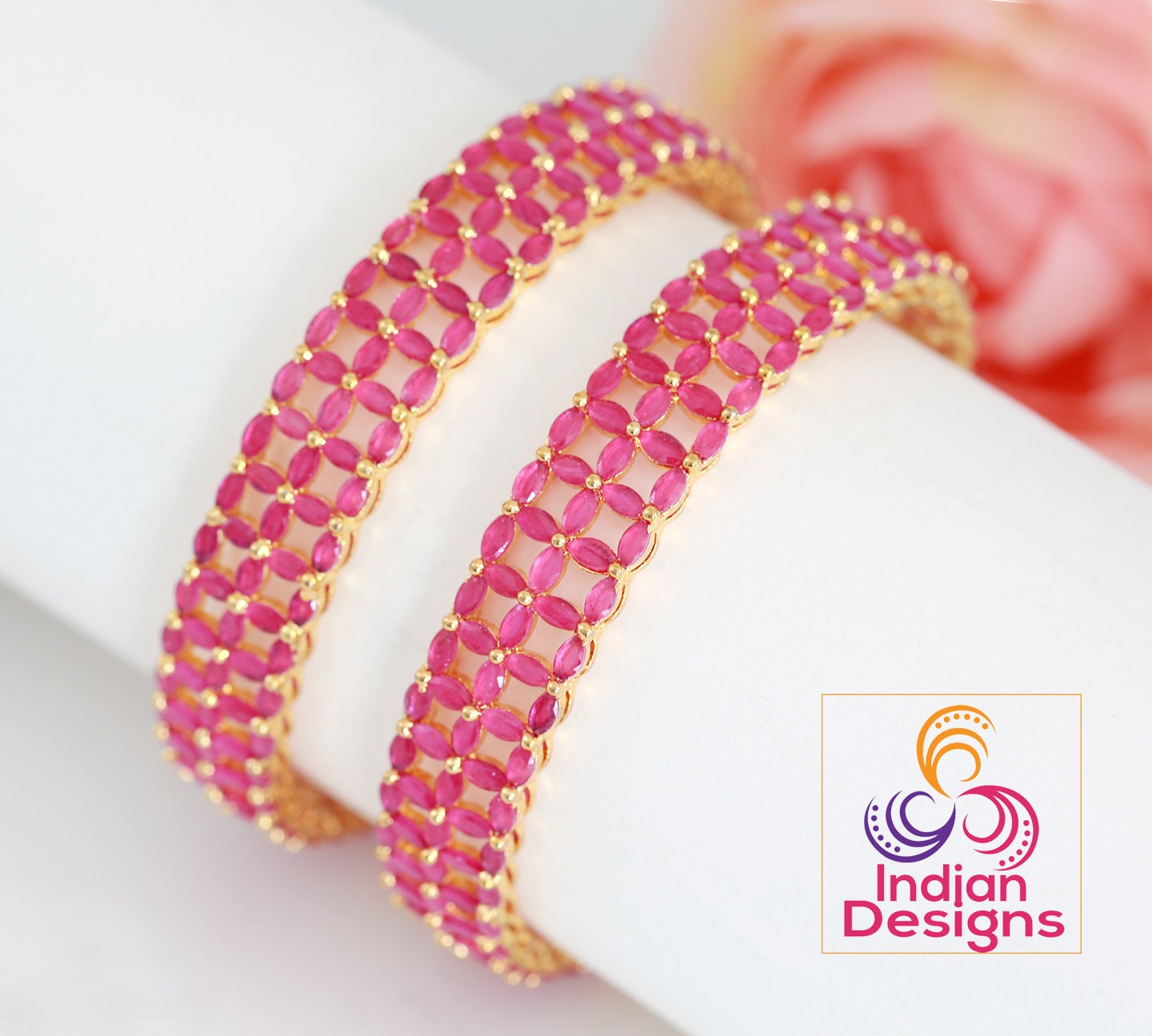 Golden American Diamond unique Design bangles studded with marquise cut Ruby stones Bollywood Party wear Fashion Designer Bangles set of 2