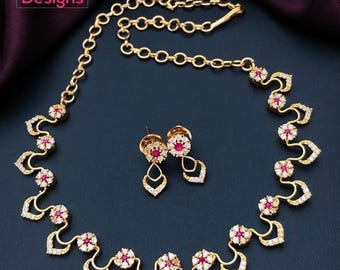 Gold plated american diamond necklace set with earrings| floral design cz choker necklace| minimalist necklace jewelry| south indian style