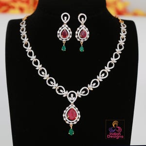 Gold Plated American Diamond Necklace| Ruby Emerald necklace & Earrings| Beautiful Ruby necklace| South Indian Style Jewelry| Gift for her