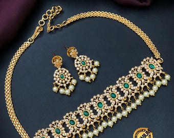Gold plated american diamond pink stone choker with pearl drops| trendy south indian style fashion jewelry| ruby, emerald butterfly necklace