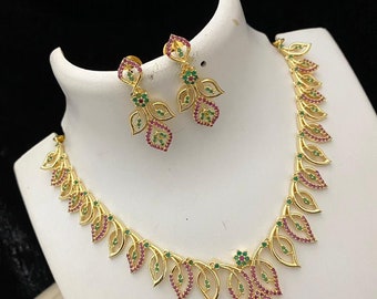 Gold Plated Necklace Earrings South Indian Style jewelry | American Diamond Ruby and Emerald Necklaces  |Traditional gold necklace designs