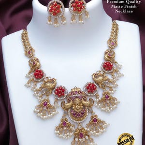 Gold Plated Lakshmi Necklace Set with Pearls and Red & Green Stones| Traditional Indian Temple Jewelry Guttapusalu Set| South Indian Jewelry