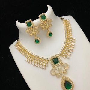 American diamond necklace set with earrings| square & teardrop pendant| ruby/green/white cz gold plated indian wedding jewelry| gift for her