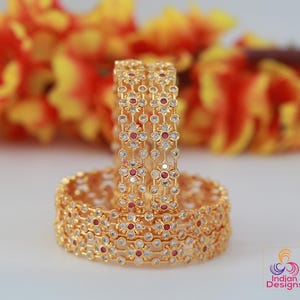 Gold plated Bangles with Pink stones Set of 4| South Indian style Floral design bangles| Daily-wear Statement bangles| Stylish Gift for her