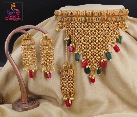 Gold Plated Indian Jewelry Necklace With Maang Tikka Indian Choker
