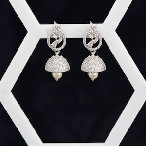 American diamond Jhumka earrings | Small CZ diamond jhumkas | Indian Earrings | Bollywood Style Silver Earrings with CZ diamond stones