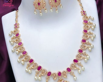 Gold plated Indian necklace set jewelry | Fine Polish 1 gram gold ruby emerald pearl necklace Earring set | Gift for Her | Wedding Jewelry