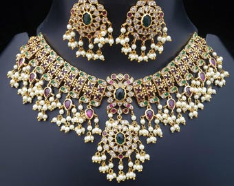 Antique Gold Choker Necklace Set| South Indian Guttapeusalu Jewelry| Ruby Emerald Pearl Bridal Set| Temple Jewelry Bollywood Wedding Gift