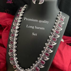 German silver oxidized indian jewelry long necklace earring set, antique silver color stone wedding jewelry, boho jewelry set| gift for her
