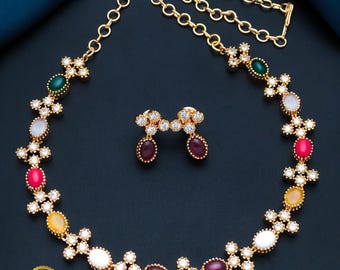 Navaratna Multicolor stone Necklace Earrings Set| Gold Plated Choker Necklace| Indian jewelry| Light-weight Party wear jewelry| Gift for her