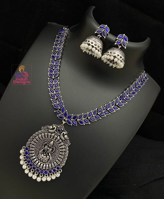 Shreeji Creation Oxidised Plated Blue Meenakari Necklace Set With Maan