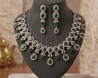 Rose Gold Indian Necklace Set with AD Stones| Bridal Ruby, Emerald and Sapphire CZ Statement Jewelry |Bollywood Wedding Choker| Gift for Her