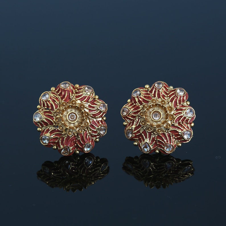 Kundan White Meena Floral Hand Painted Stud Earrings for Women