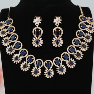 American diamond necklace set | Gold plated cubic zirconia necklace | Emerald green stone gold necklace designs | Indian Wedding Jewelry