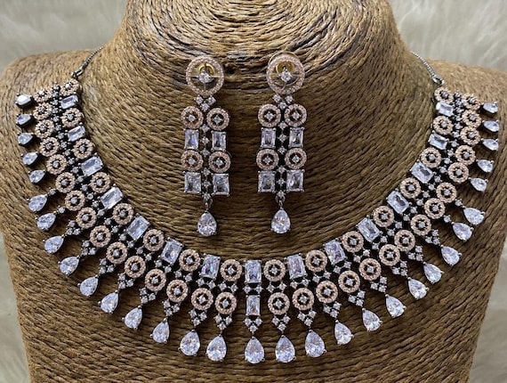 American diamond bridal necklace set Unique design Rose gold jewelry set in oxidized tone black and gold rose jewelry Indian jewelry
