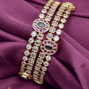 Gold plated cz stone bangle pair| american diamond ruby emerald slip on