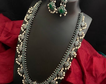 German Silver Oxidized Indian Jewelry Long Necklace Earring set, Antique Silver Wedding necklace with pearl hangings, Boho Jewelry set