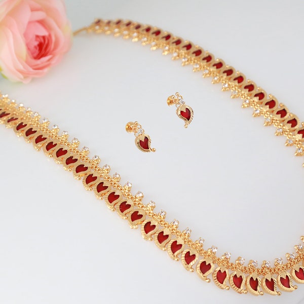 Gold Plated Mango Necklace long haram set latest designs | Traditional Kerala mango mala with ruby and emerald | South Inidian Long Necklace