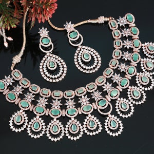 Rose gold American Diamond Mint Green Wedding Choker necklace and Earring set | Indian Bollywood style CZ AD Bridal Necklace Jewelry Set