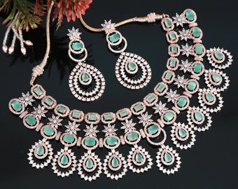 Rose gold American Diamond Mint Green Wedding Choker necklace and Earring set | Indian Bollywood style CZ AD Bridal Necklace Jewelry Set