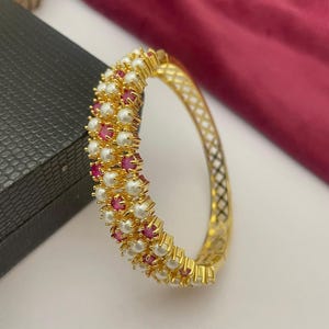 Ruby and pearl bangle bracelet in gold plated tone| cuff bracelet for weddings| gold plated real pearl bracelet with ruby emerald stone