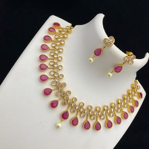 Gold Plated American Diamond Ruby Emerald Necklace | Indian Wedding Jewelry | CZ diamond necklace | Gift for her